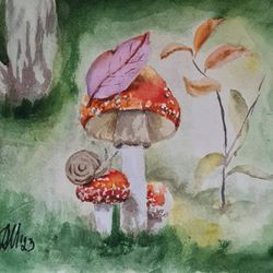 Original painting Family of Fly Agarics Watercolor Mushrooms and Snail