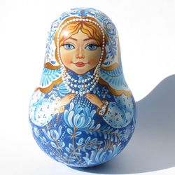 Gzhel painting music roly poly Russian nevalyashka wooden doll art painted