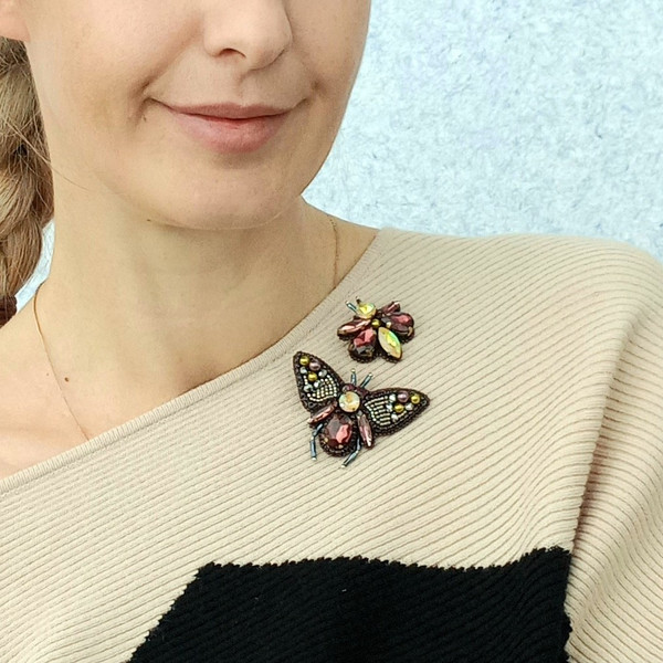 Exclusive Moth brooch,Decoration for clothes, Insects,Jewelry for dress,Swarovski crystals,Beads,Accessory for her, clothes pin, emboidery, on a girl