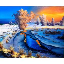 Winter Painting Winter Rural Landscape with River Original Art Oil Painting on Canvas Wall Art 16x20 inch  Artwork