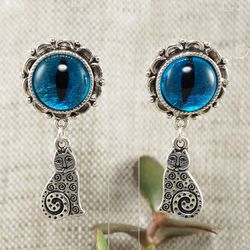 Blue Glass Cat Eye Earrings Silver Cat Earrings Evil Eye Cat Charm Dangle Statement Earrings Cat Lover Gift Jewelry 6562