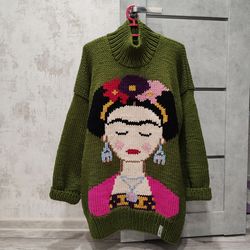 Sweater with Frida Kahlo embroidery, oversize sweater,  Pink sweater,  embroidery sweater