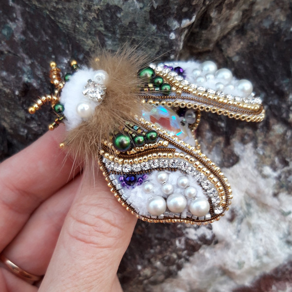 Snow white moth brooch,Clothes decoration,Natural fur,Insect,Jewelry for dress,Swarovski crystals,Accessory for her,Gift, butterfly, embroidery, pin,exhibition 