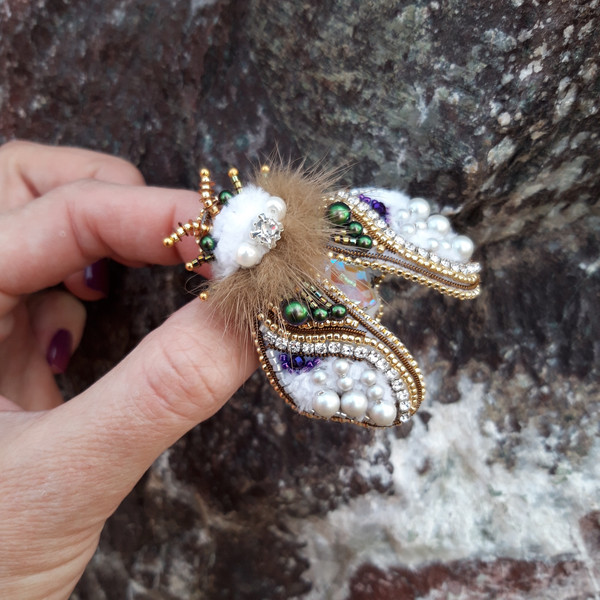 Snow white moth brooch,Clothes decoration,Natural fur,Insect,Jewelry for dress,Swarovski crystals,Accessory for her,Gift, butterfly, embroidery, pin,exhibition 