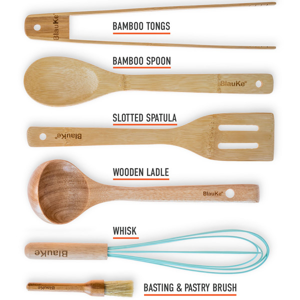 Wooden Cooking Utensils Set for Nonstick Cookware, 6-Piece Kitchen Utensils Set (Wooden Spatulas, Bamboo Cooking Spoon, Tongs, Ladle, Whisk Brush) Bamboo Cookin