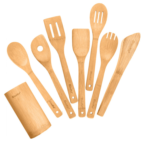 Bamboo Kitchen Utensils Set 8-Pack - Wooden Spatula Cooking Spoon Fork Turner Kitchen Tongs Utensil Holder – Wooden Cooking Utensils Set For Nonstick Cookware K