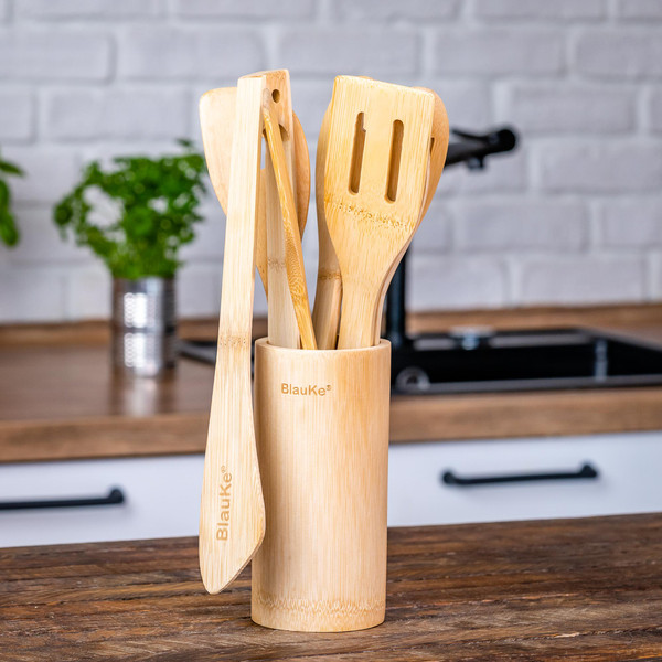 Bamboo Kitchen Utensils Set 8-Pack- Wooden Spatula, Cooking Spoon Fork Turner, Kitchen Tongs, Utensil Holder – Wooden Cooking Utensils Set For Nonstick Cookware