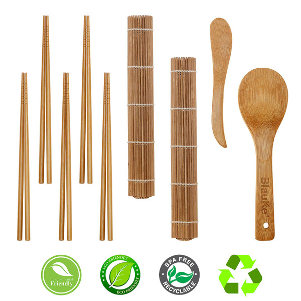 Sushi Making Kit, Bamboo Sushi Mat - Includes 2 Bamboo Sushi Rolling Mats, 5 Pairs Bamboo Chopsticks, 1 Rice Paddle and 1 Spreader - Beginner Sushi Kit with Bam