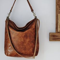tan leather hobo bag, large purse for women, tote bag with crossbody strap