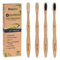 BlauKe Bamboo Toothbrush Set 4-Pack - Bamboo Toothbrushes with Soft Bristles for Adults - Natural Wooden Toothbrushes