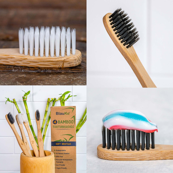 Bamboo Toothbrush Medium Bristle 4-Pack _ Eco Friendly Wooden Toothbrushes Medium Bamboo Toothbrushes for Adults _ Compostable Biodegradable & Natural Wood Toot