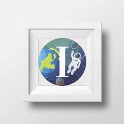 cross stitch digital printable pattern space monogram letter i bright color modern style for home decor and gift