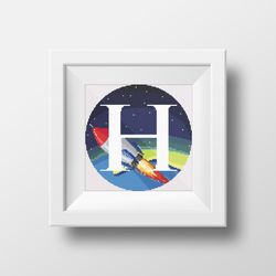 Cross stitch digital printable pattern space monogram letter H bright color modern style for home decor and gift