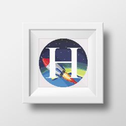 cross stitch digital printable pattern space monogram letter h bright color modern style for home decor and gift