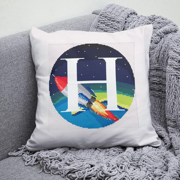 4 Letter H Space galaxy Monogram bright color modern style cross stitch digital pattern for home decor and gift.jpg