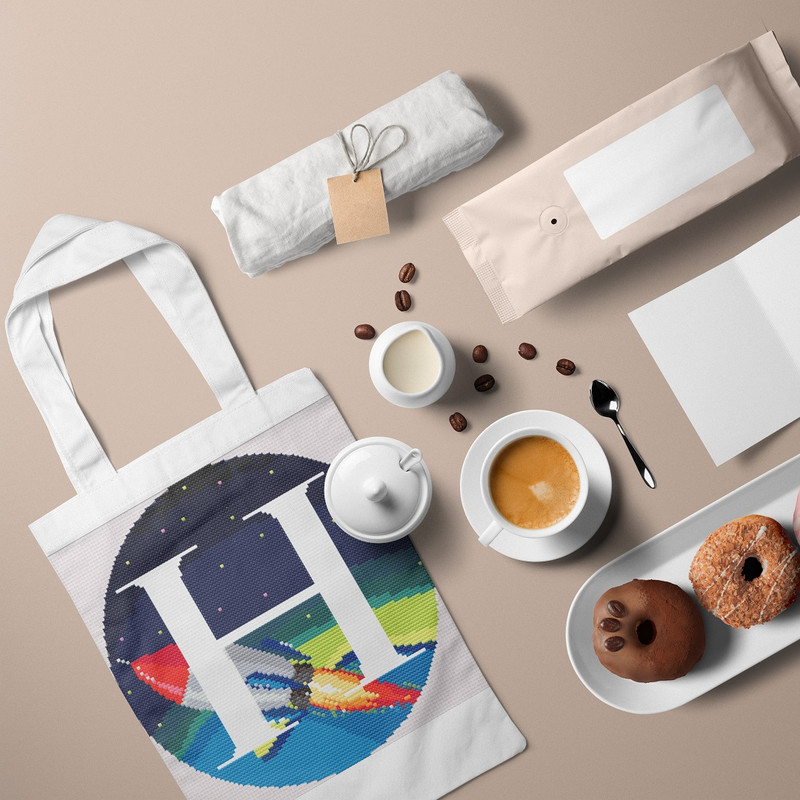 5 Letter H Space galaxy Monogram bright color modern style cross stitch digital pattern for home decor and gift.jpg