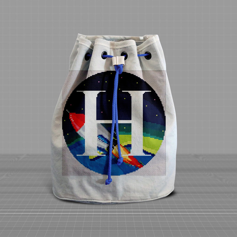 6 Letter H Space galaxy Monogram bright color modern style cross stitch digital pattern for home decor and gift.jpg