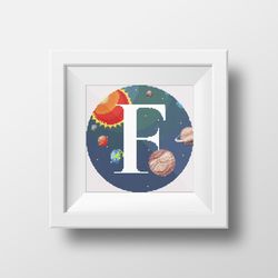Cross stitch digital printable pattern space monogram letter F bright color modern style for home decor and gift