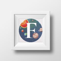 cross stitch digital printable pattern space monogram letter f bright color modern style for home decor and gift