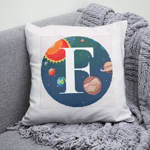 4 Letter F Space galaxy Monogram bright color modern style cross stitch digital pattern for home decor and gift.jpg