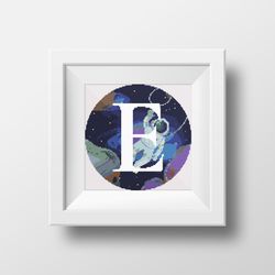 Cross stitch digital printable pattern space monogram letter E bright color modern style for home decor and gift