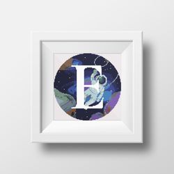 cross stitch digital printable pattern space monogram letter e bright color modern style for home decor and gift
