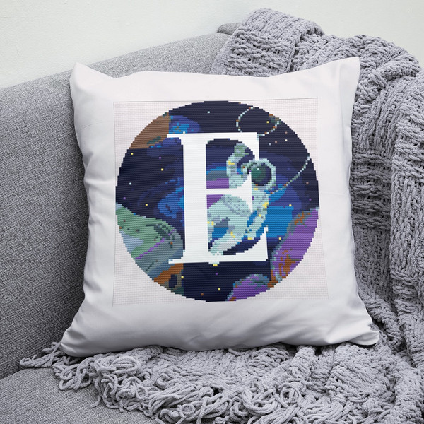 4 Letter E Space galaxy Monogram bright color modern style cross stitch digital pattern for home decor and gift.jpg
