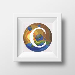 cross stitch digital printable pattern space monogram letter c bright color modern style for home decor and gift