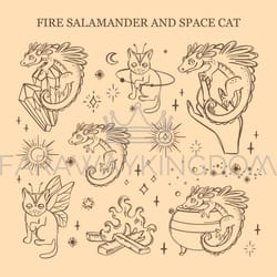 fire salamander and space cat occult mystical character set