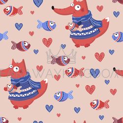 fish fox valentine day seamless pattern vector illustration