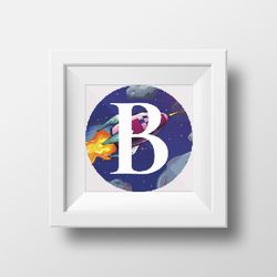 cross stitch digital printable pattern space monogram letter b bright color modern style for home decor and gift