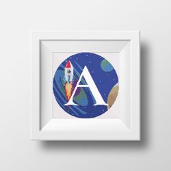 Cross stitch digital printable pattern space monogram letter A bright color modern style for home decor and gift