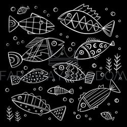 fish set sea monochrome sketch flat style vector collection