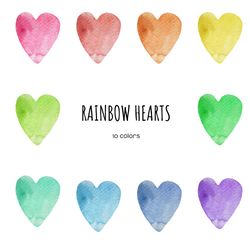 Watercolor rainbow hearts clipart. Color hearts clip art. Valentines Day heart download. Multicoloured rainbow hearts