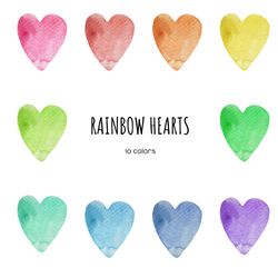 watercolor rainbow hearts clipart. color hearts clip art. valentines day heart download. multicoloured rainbow hearts