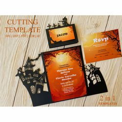 Halloween party invitation template svg cricut-place card, Gothic gatefold invite-escort cards dxf ai eps cdr papercut