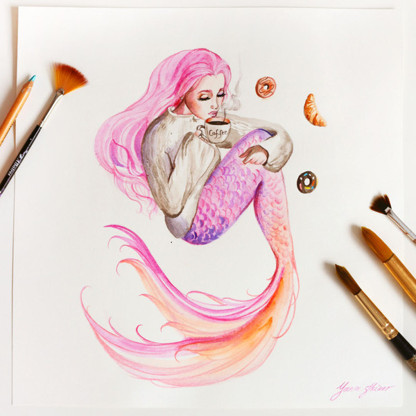 mermaid-painting-mermaid-original-art-mermaid-watercolor-love-coffee-artwork-kitchen-wall-art-6.jpg