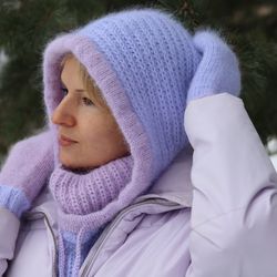 Wool scarf hood, Balaclava for women, Angora winter hat, Winter warm bonnet, Lilac hood, Gift for her
