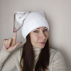 White cat ear beanie crochet. Got hat with cat ears. More colors! Fluffy hat with ears. Winter beanie pop punk