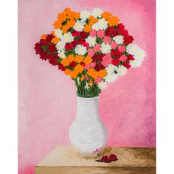 Bouquet of flowers original oil painting on canvas floral still life impasto artwork abstract flowers wall art