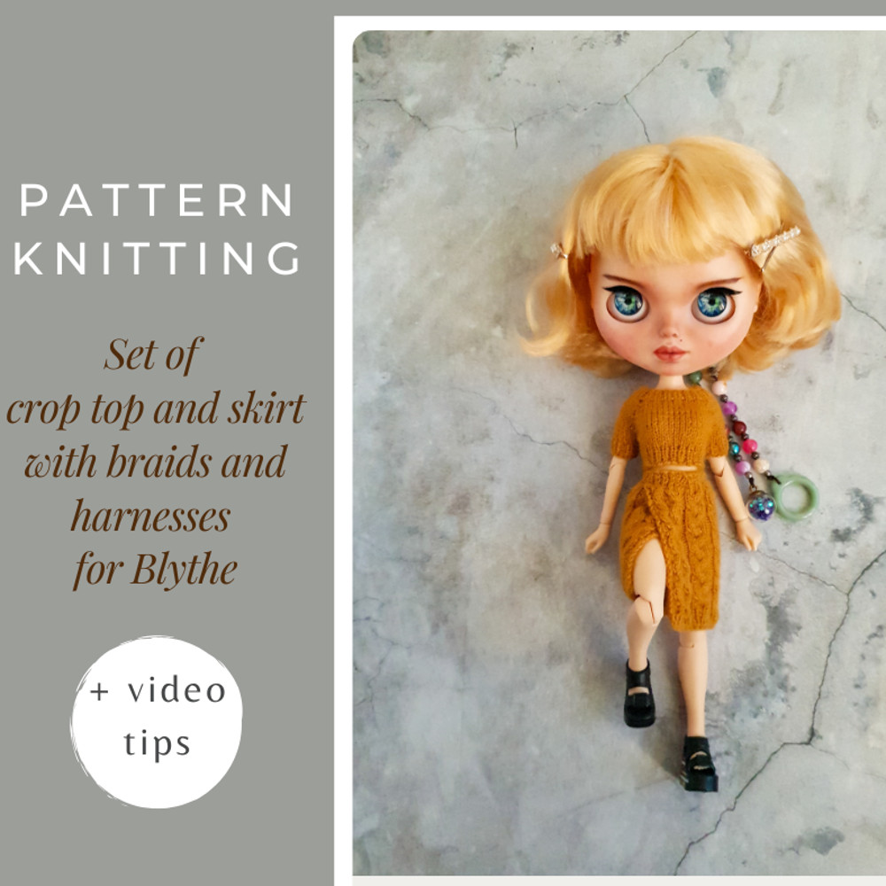 Blythe pattern knitting of set clothes short crop top and a wrap skirt, neo Blythe clothes pattern, Pattern for Blythe