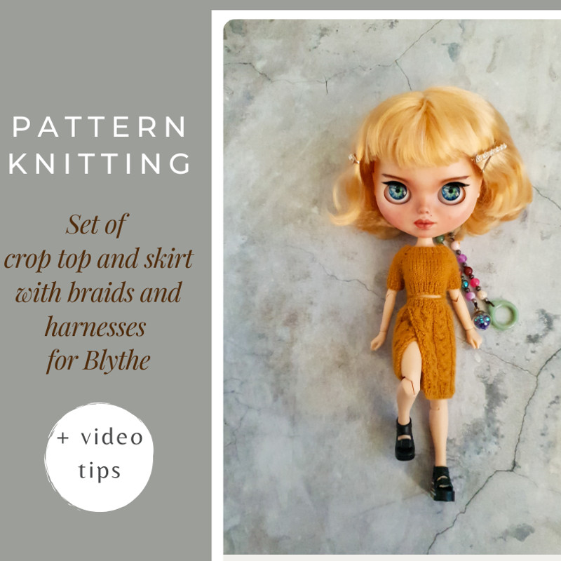 Blythe pattern knitting of set clothes short crop top and a wrap skirt, neo Blythe clothes pattern, Pattern for Blythe