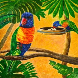 Australian parrots original oil painting on canvas impasto bird artwork Rainbow Lorikeet parrots tropical birds wall art