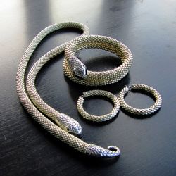 handmade seed bead necklace - snake jewelry silver snake