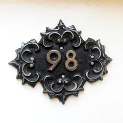 Old fashioned cast iron address number sign 98 door plaque vintage