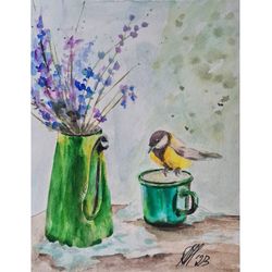 chickadee and lavender original painting watercolor winter landscape green teapot  cup art