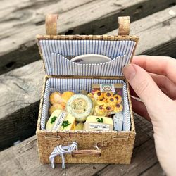 Doll Miniature Picnic Basket with filling dollhouse, scale 1:6