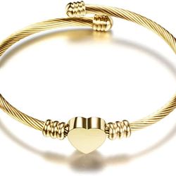 stainless steel cable wire heart charm gold plated bangle bracelet for women & men