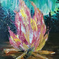 polar night painting original art bonfire and northern lights art wall art 8 by 6 inches riche art ready to ship.