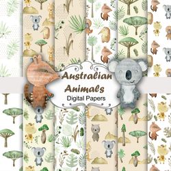 Watercolor australian animals, seamless patterns.